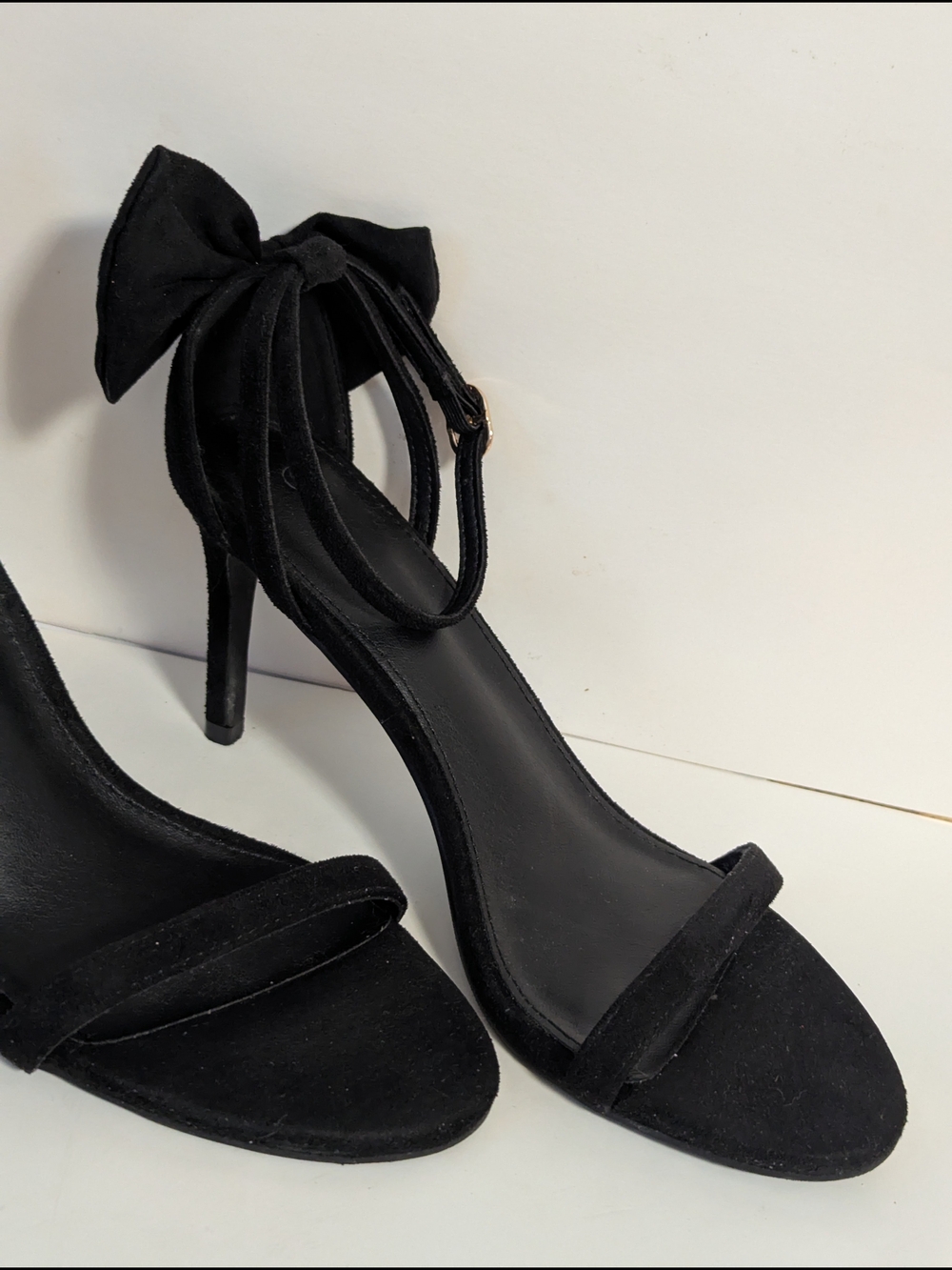 Black Bow Ankle-Strap Stiletto Heels - Women's Dress Sandals